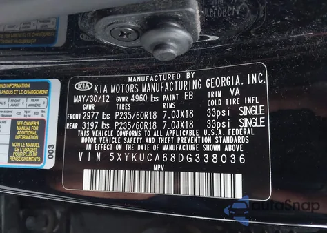 2013 Kia Sorento Ex from USA, damaged, VIN 5XYKUCA68DG338036